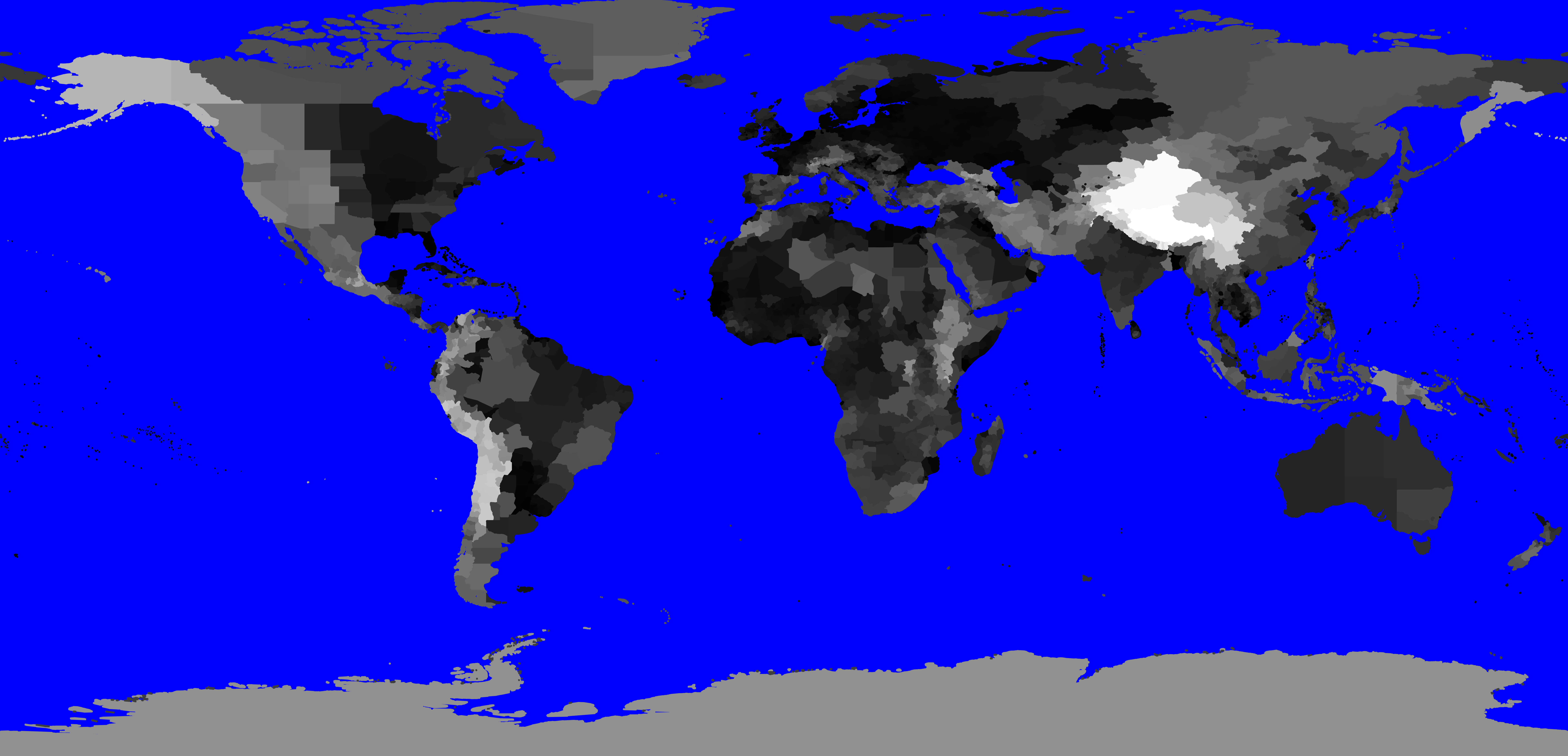World map showing maximum elevation by administrative region in grayscale