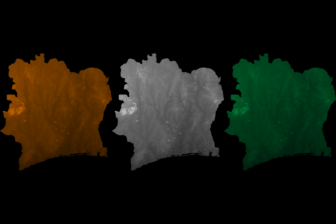 Elevation map of Côte d'Ivoire using the colors of its national flag