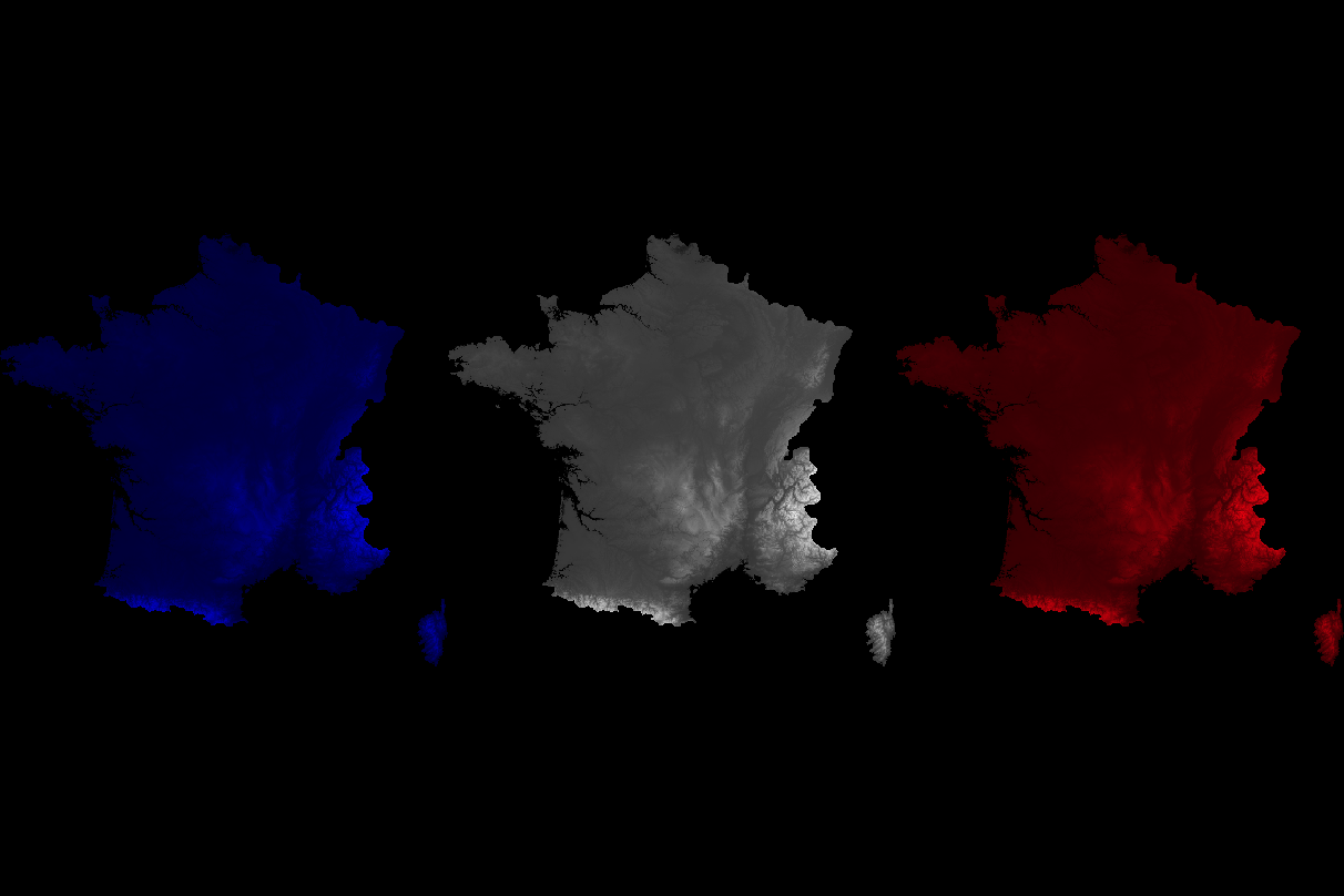 Elevation map of France using the colors of its national flag