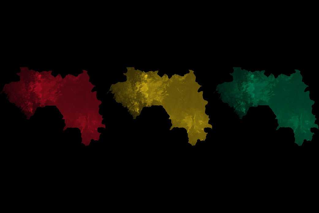 Elevation map of Guinea using the colors of its national flag