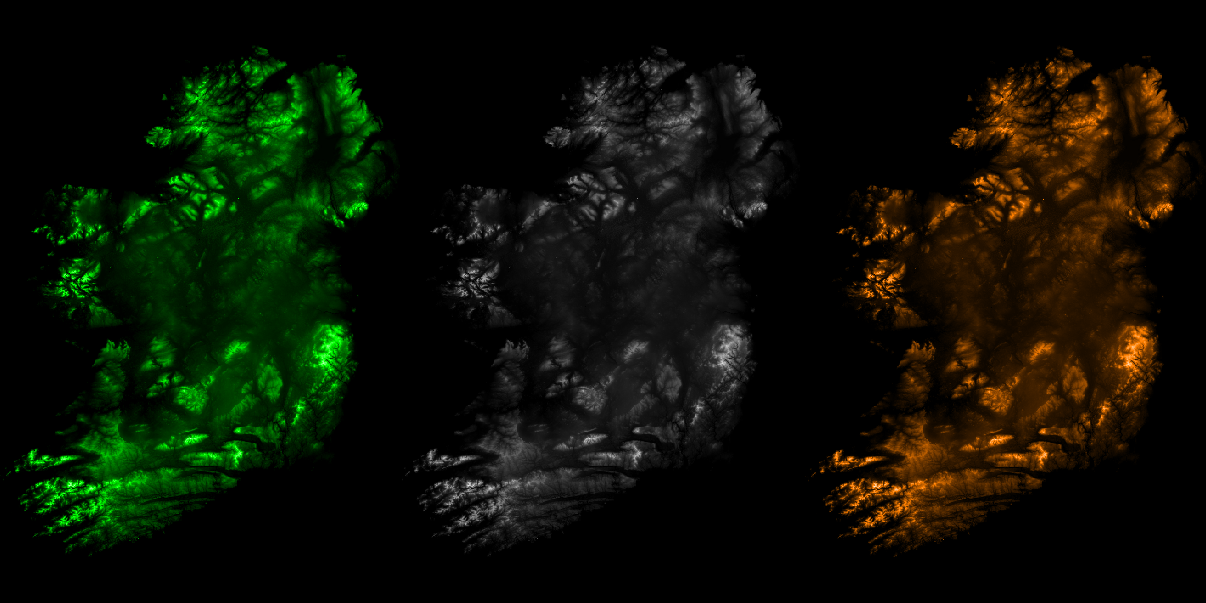 Elevation map of Ireland using the colors of its national flag