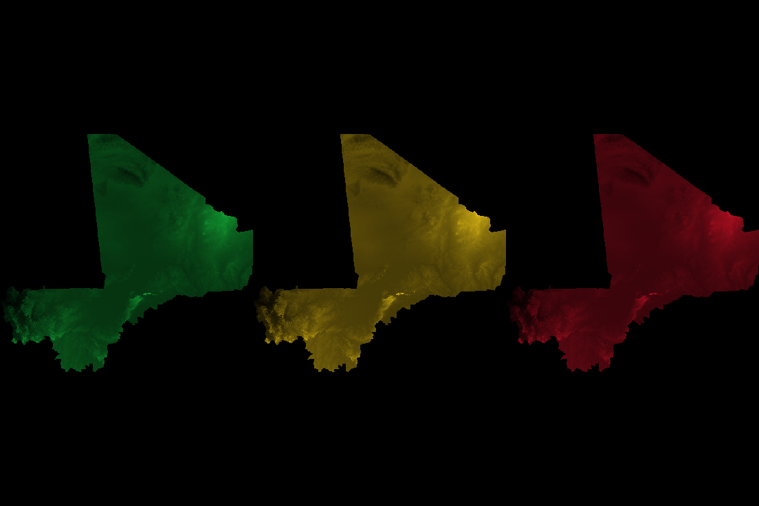 Elevation map of Mali using the colors of its national flag