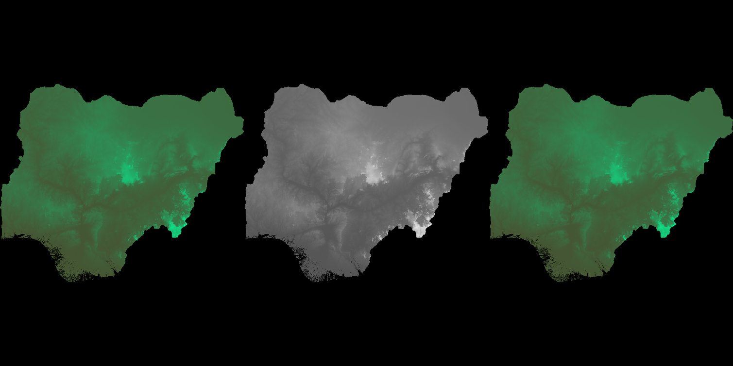 Elevation map of Nigeria using the colors of its national flag