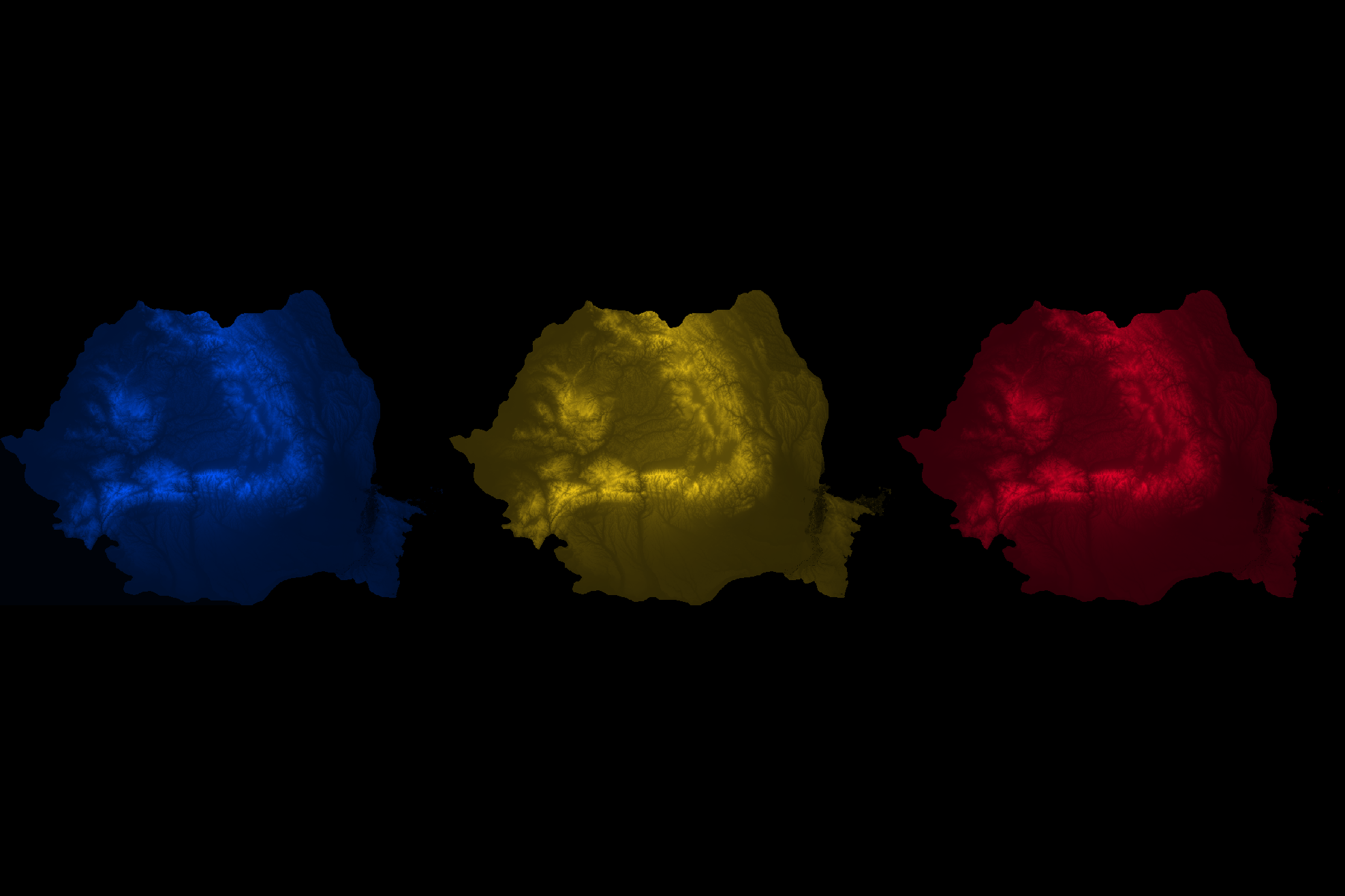 Elevation map of Romania using the colors of its national flag