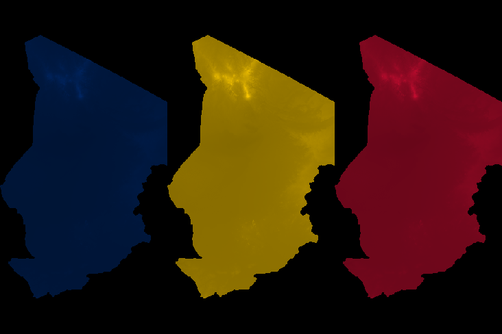 Elevation map of Chad using the colors of its national flag